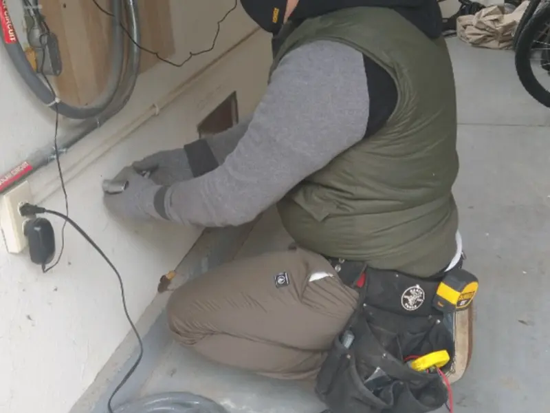 Electrician performing outlet wiring in a Newbern garage